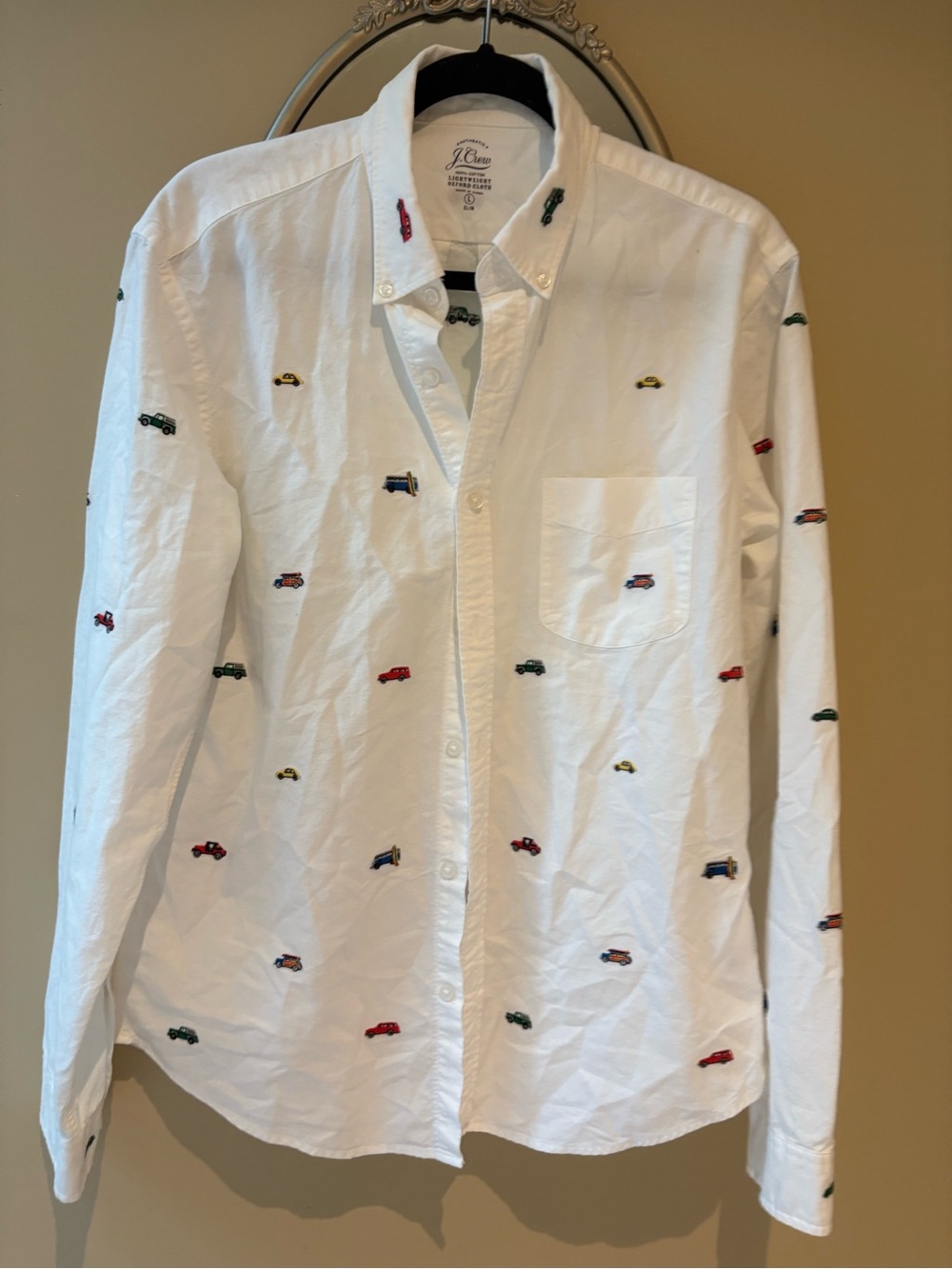 RARE J. Crew White Button-Down Shirt with Multi Colored Car Embroidery